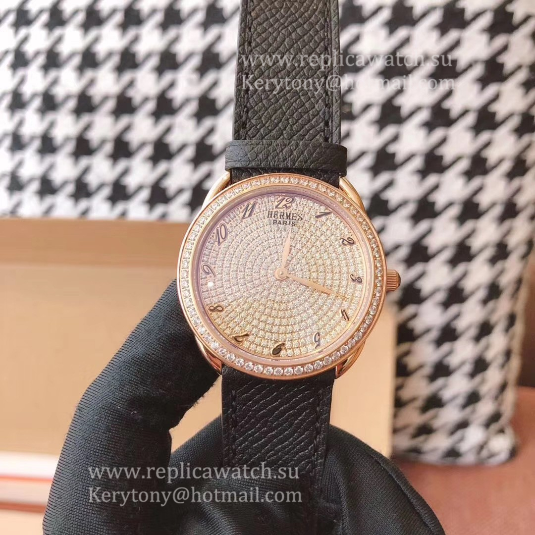 Copy H**me5 Arceau 36mm Ladies Z6F Rose Gold & D1am0nd D1am0nd Dial Quartz (Box included)