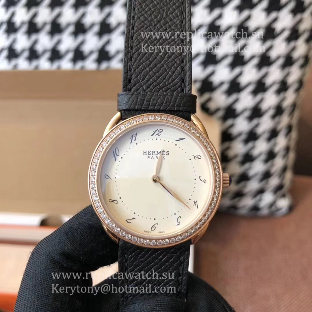 Fake H**me5 Arceau 36mm Ladies Z6F Rose Gold & D1am0nd White Dial Quartz (Box included)