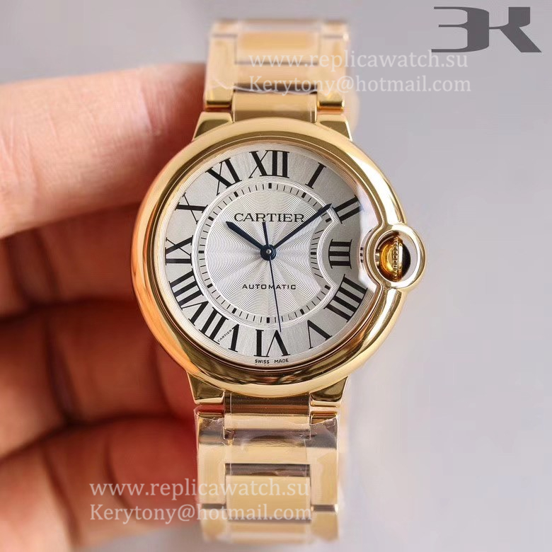High Quality Ca*t1er Ballon Bleu 28mm / 33mm / 36mm 3KF Yellow Gold Silver Dial Quartz / NH05A Size 28mm