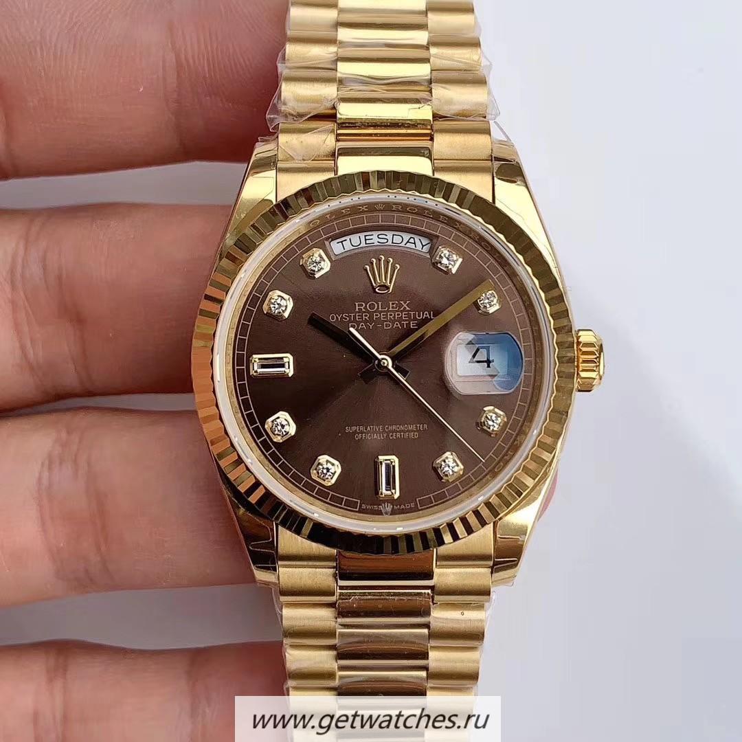Perfect Replica R01ex Day-Date 36 128238 EWF Yellow Gold Chocolate Dial 3255