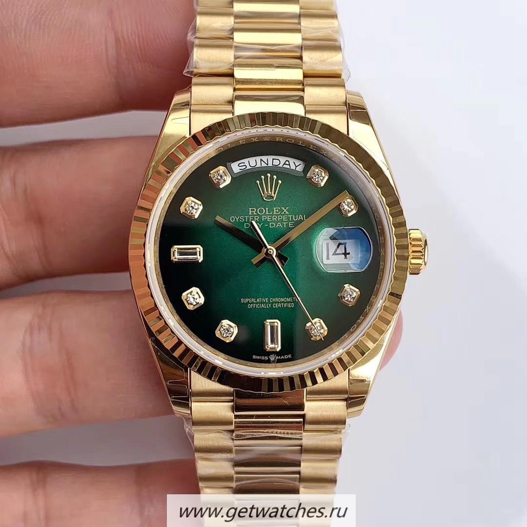 Fake R01ex Day-Date 36 128238 EWF Yellow Gold Green Dial 3255