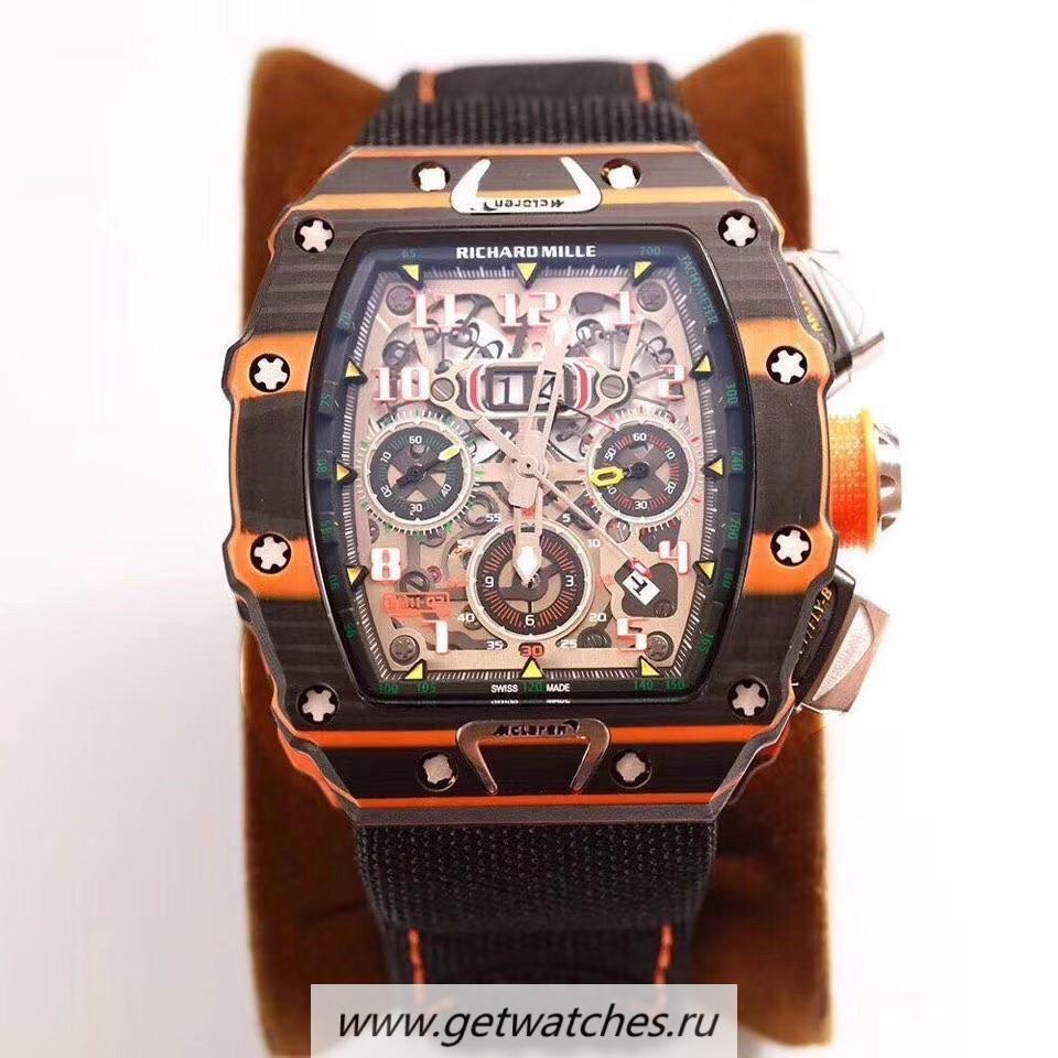 High Quality Richard Mille RM011-03 McLaren Automatic Flyback Chrono KVF Brown & Orange Forged Carbon Skeleton Dial 7750