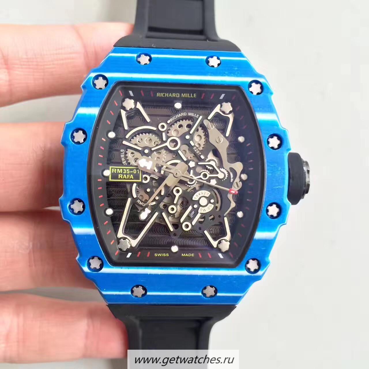 NEW Replica Richard Mille RM35-01 Rafael Nadal KVF Blue Forged Carbon Black & Skeleton Dial M6T51