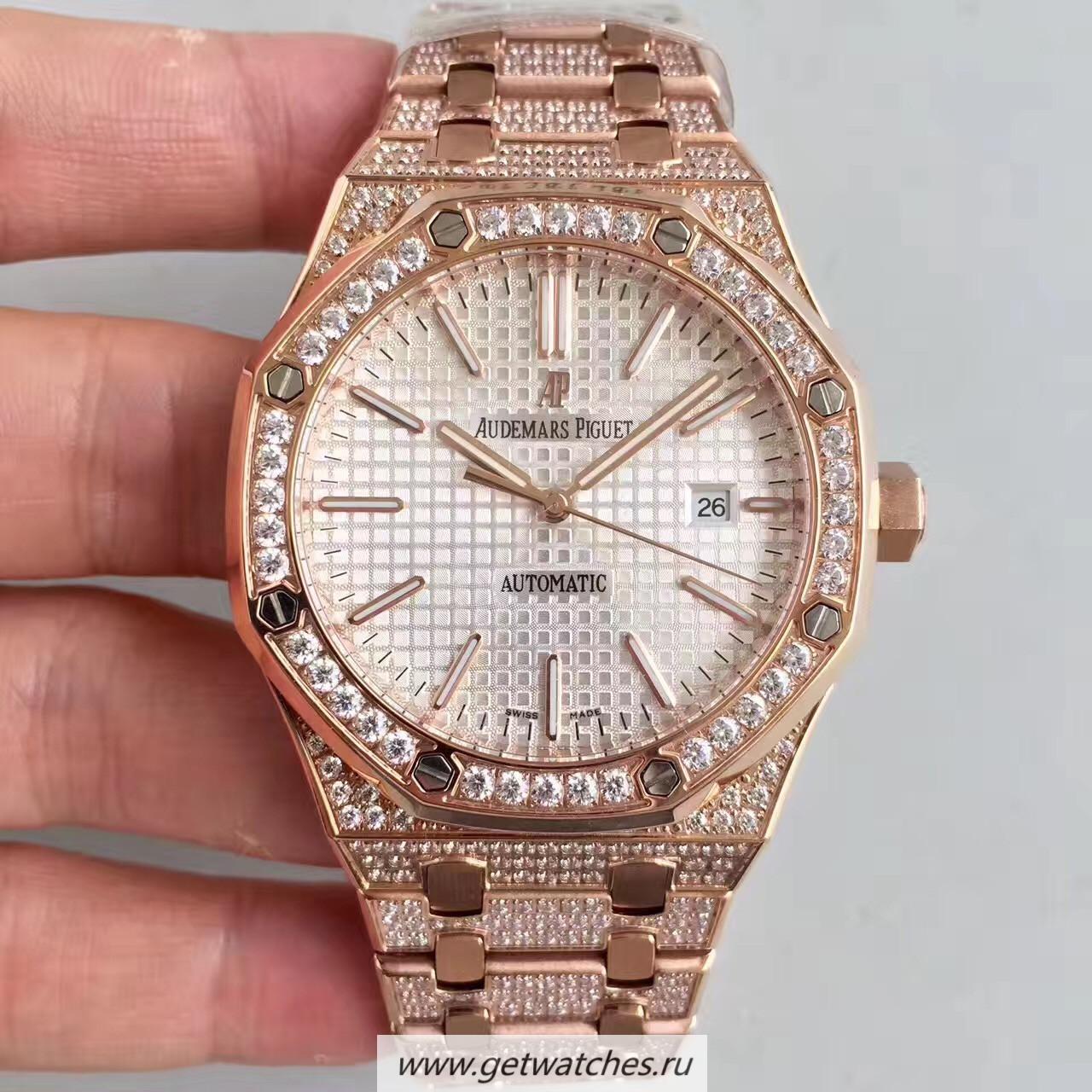 High Quality Audemars P1g*et Royal Oak 15400 Noob Factory Rose Gold & D1am0nd Silver Dial 3120