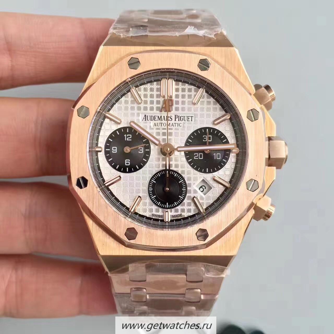 Fake Audemars P1g*et Royal Oak Chrono 26331 JHF Rose Gold Silver Dial 7750